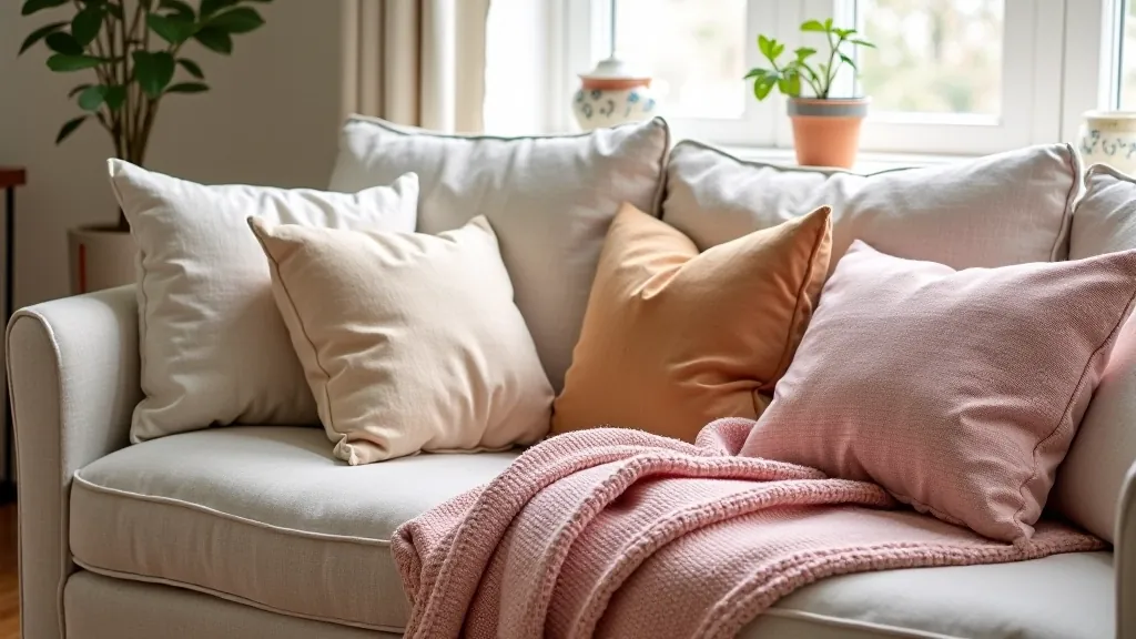 Handmade fabric throws and cushion covers in various textures and colors arranged on comfortable seating