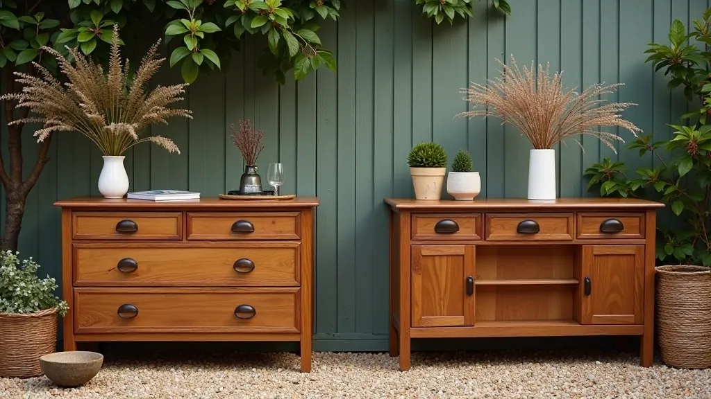 Comparison display showing authentic vintage furniture next to modern reproduction pieces
